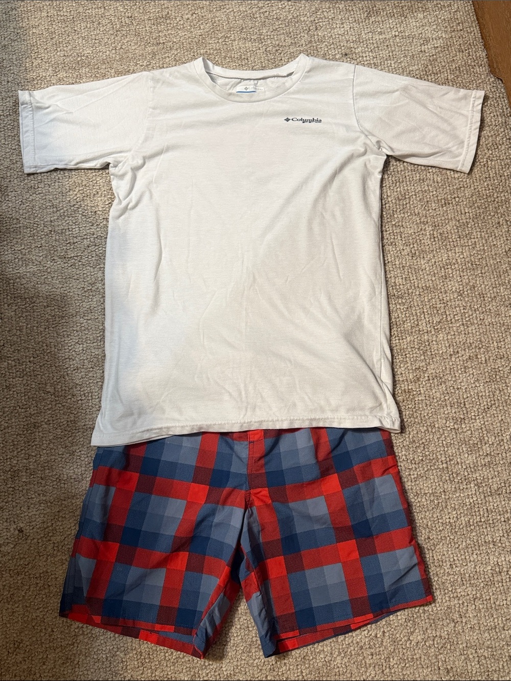 Columbia White Short-Sleeve Tee with Red & Blue Plaid Pajama Shorts